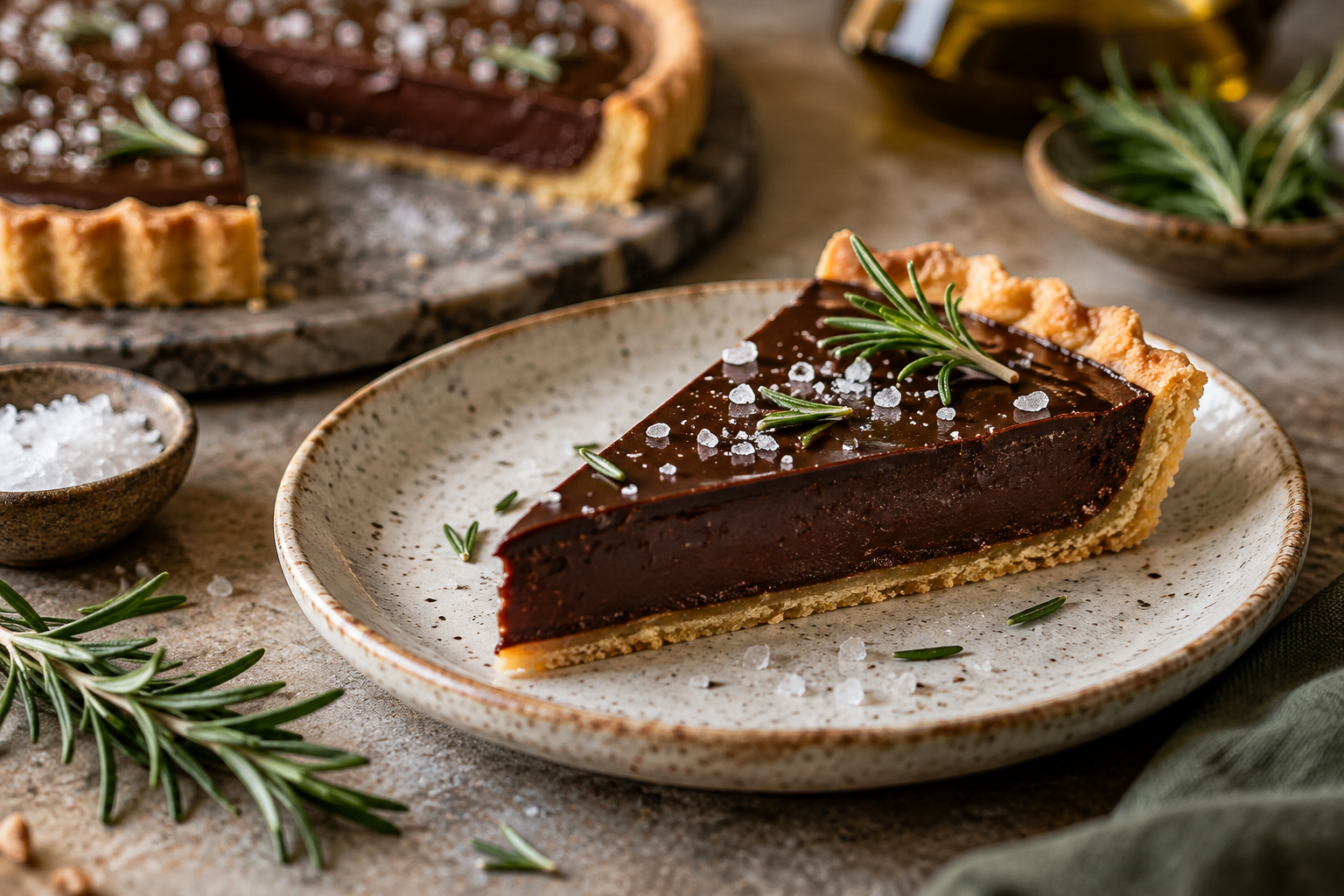 Slice of salted dark chocolate rosemary tart centered on a ceramic plate with flaky sea salt and rosemary garnish